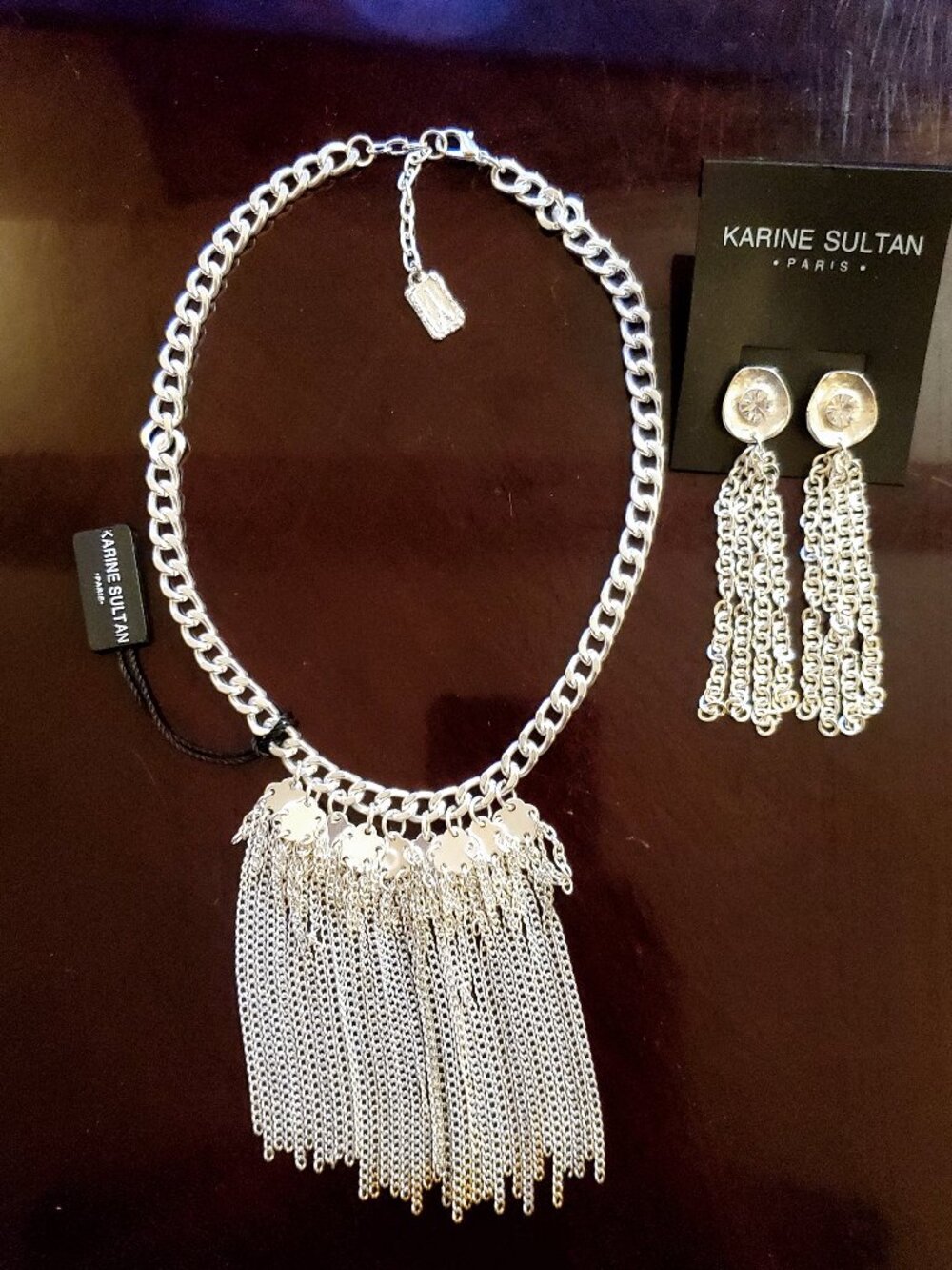Karine Sultan Clover Fringe Chain Collar Necklace w/ Tassel Earrings